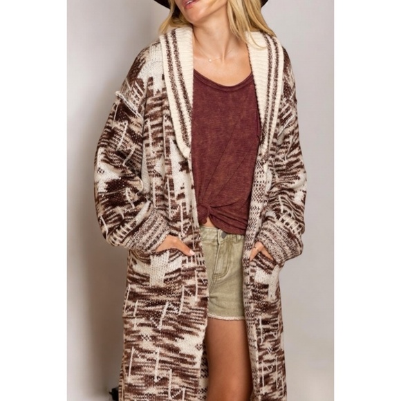 POL Beige & Brown Aztec Belted Knit Cardigan - Picture 3 of 9